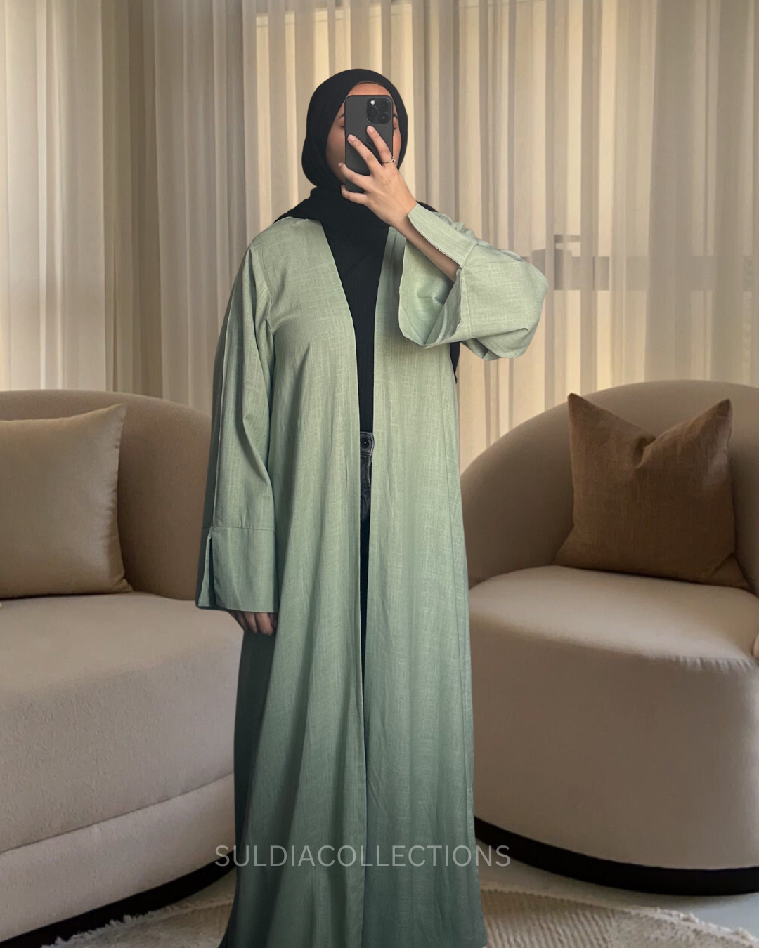 Sage green Linen open abaya