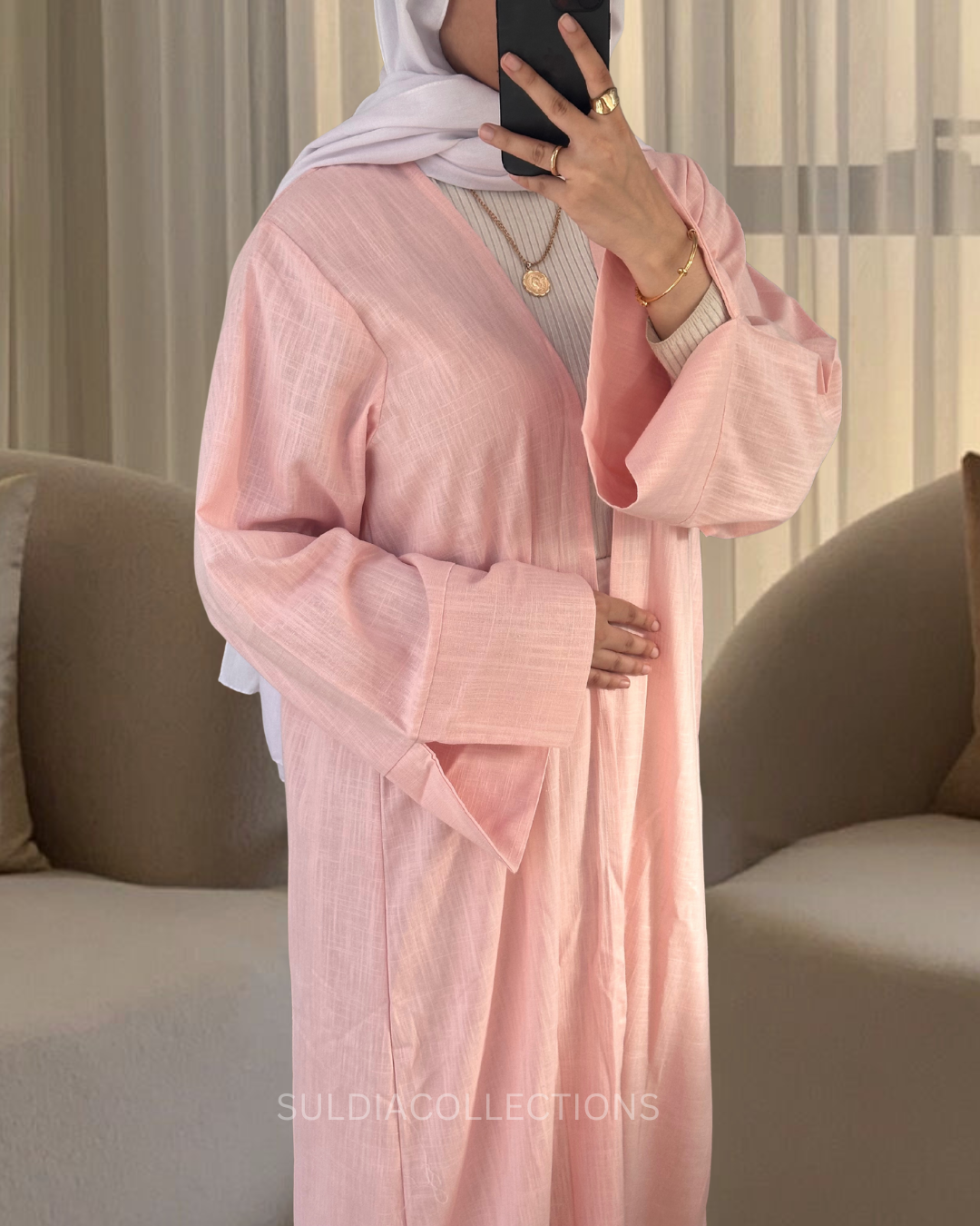 Baby Pink Linen open abaya