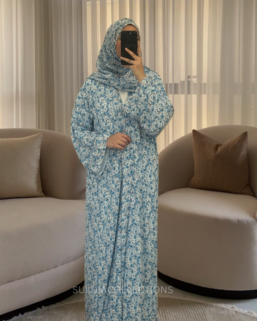 Sky Blossom Print abaya 2-piece