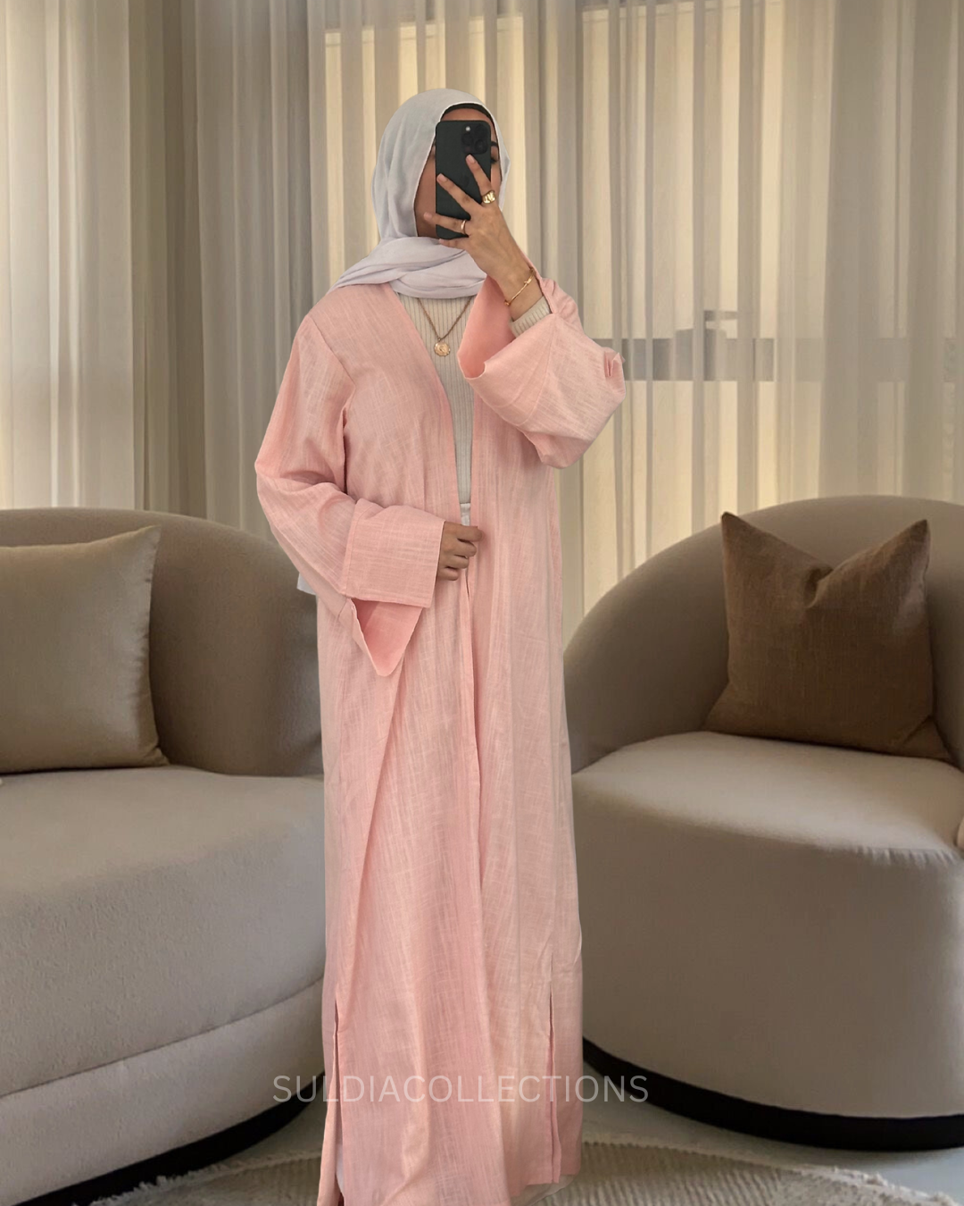 Baby Pink Linen open abaya
