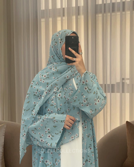 Ocean Blue Print abaya 2-piece